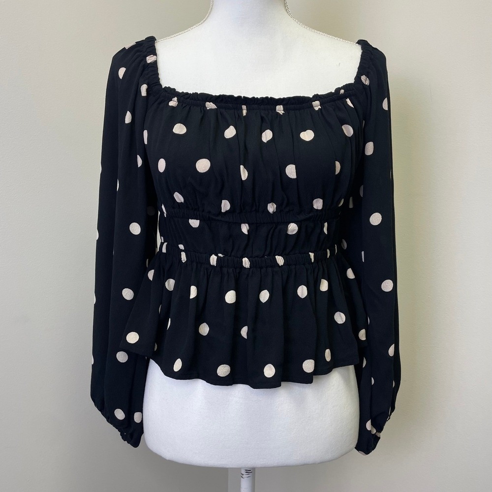 J.Crew Polka Dot Smocked Peplum Top Black White Square Neck Long Sleeve Small